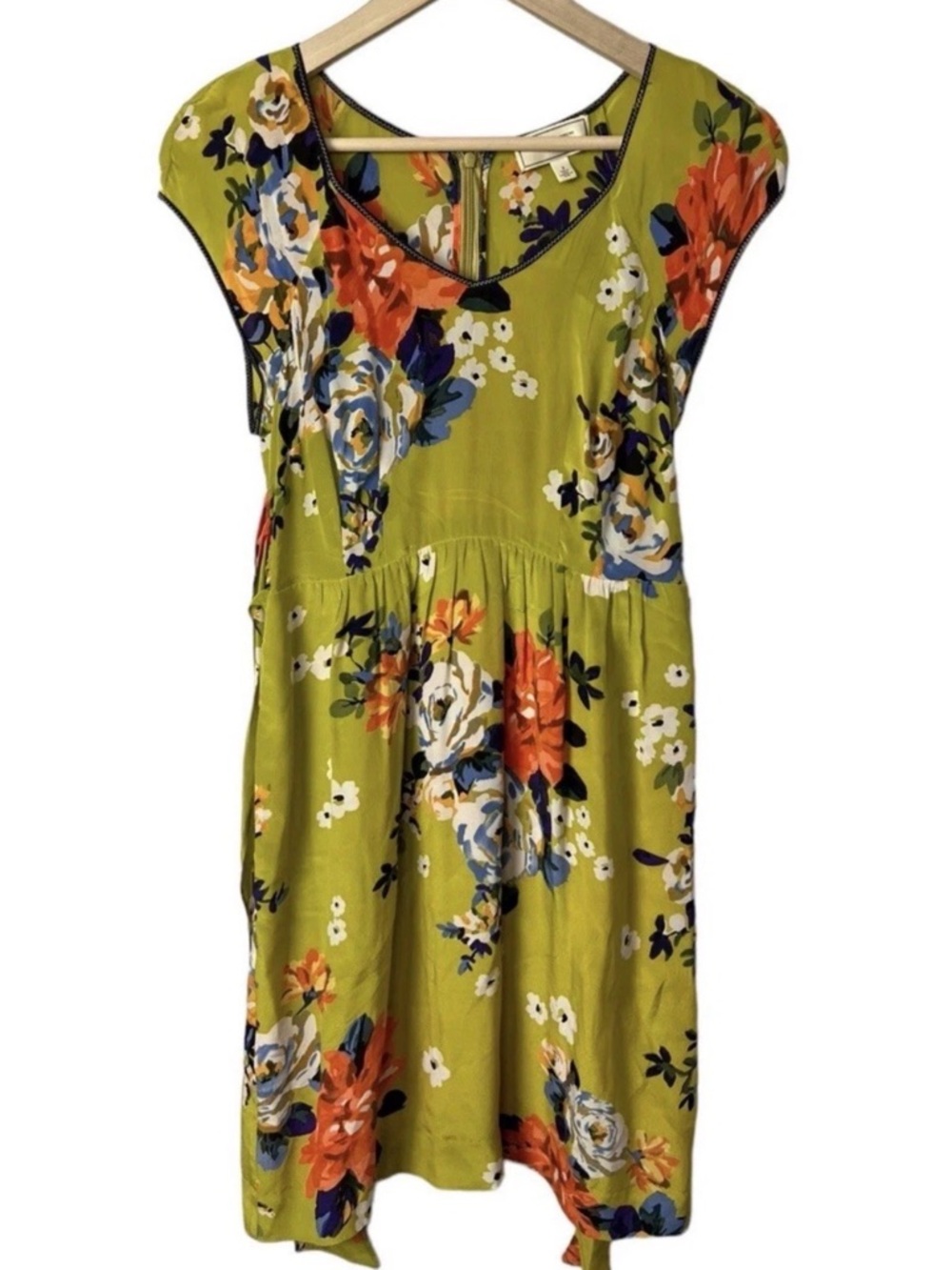 Anthropologie Floral Midi Dress in Olive Green with Orange & Blue Blooms